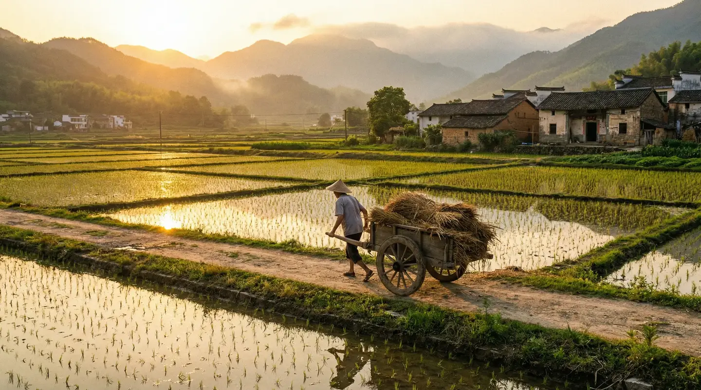 我和黑帮老大的365天第一部无删除完整翻译 - 金色夕阳下的乡村田野，老农推着木车行走在田埂上